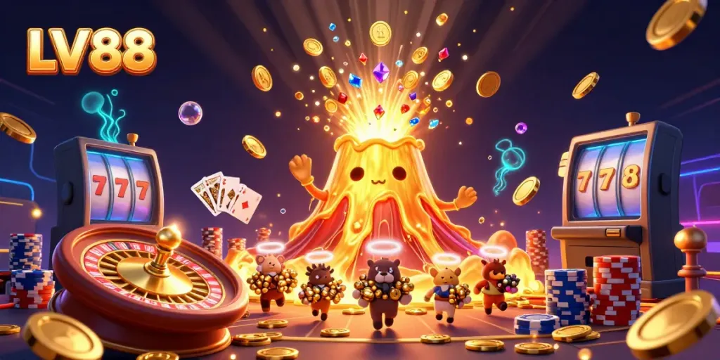 Engage in thrilling gameplay with LV 88, featuring a dynamic scene of golden volcano erupting coins and gems.