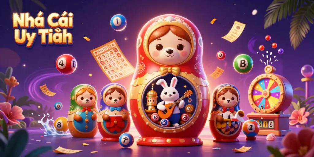 Engage with Nhà Cái Uy Tín in a dynamic casino-themed scene featuring cartoon bears and lottery elements.