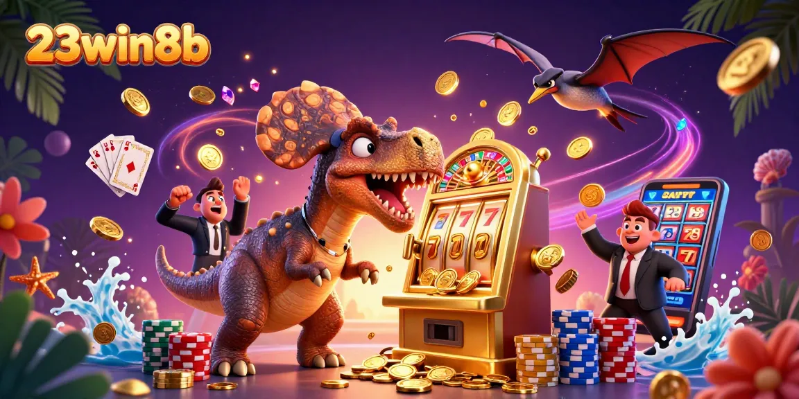 Experience thrilling wins at 23win8b as a cartoon dinosaur activates a jackpot slot machine with cascading coins.