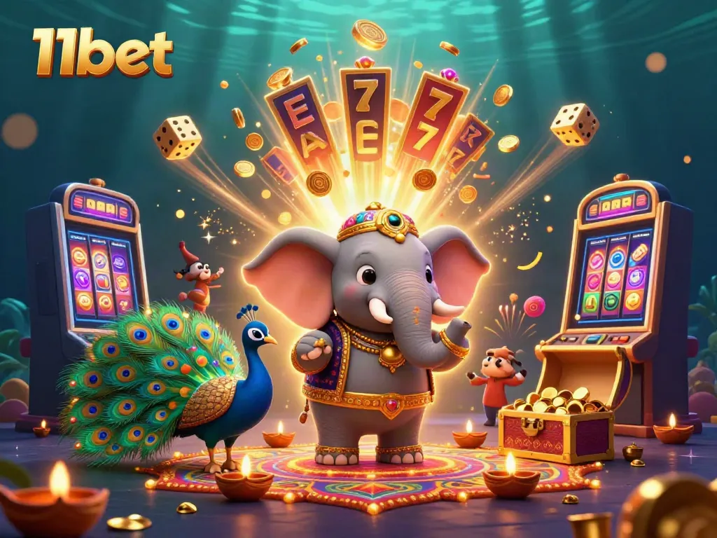 Experience the excitement of 11bet with a vibrant 3D casino scene filled with dynamic gaming elements.