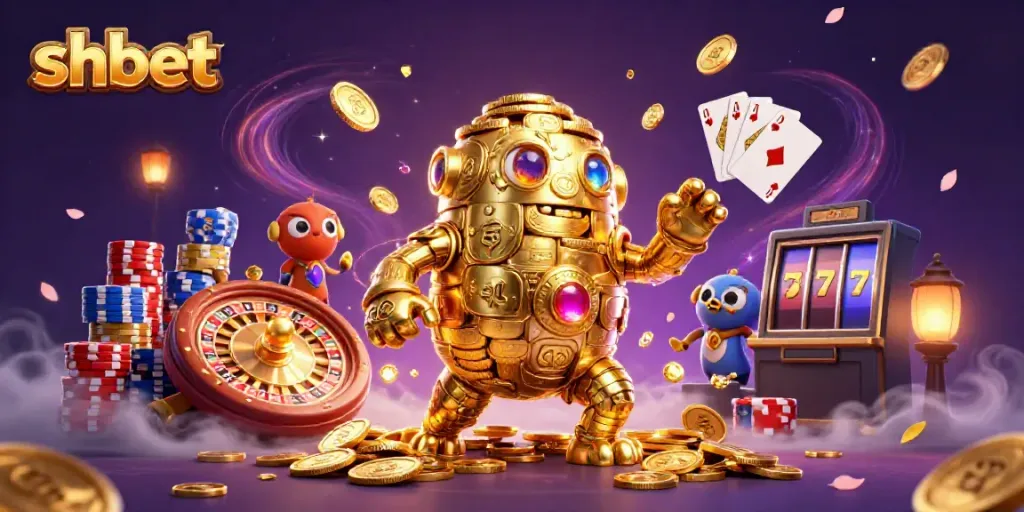 Win exciting jackpots with shbet, featuring golden golem and dynamic casino elements in a vibrant 3D scene.