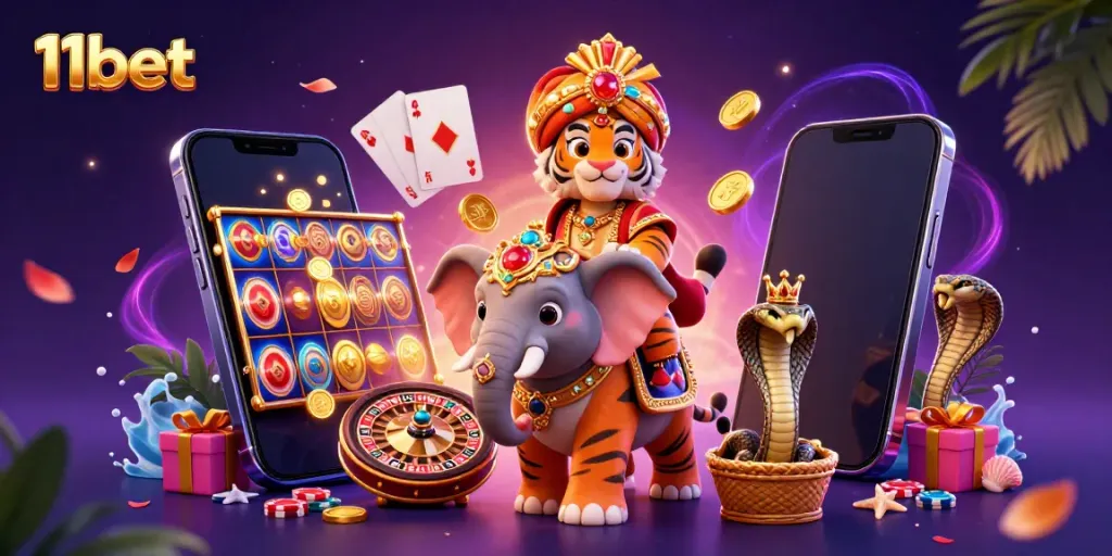 Experience the thrill of 11bet with vibrant casino elements and dynamic characters in this stunning illustration.