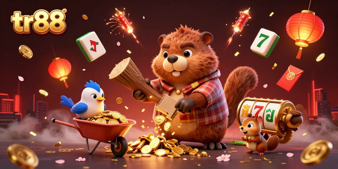 Experience the thrill of tr88 with golden coins raining from a cartoon lumberjack scene surrounded by vibrant casino elements.