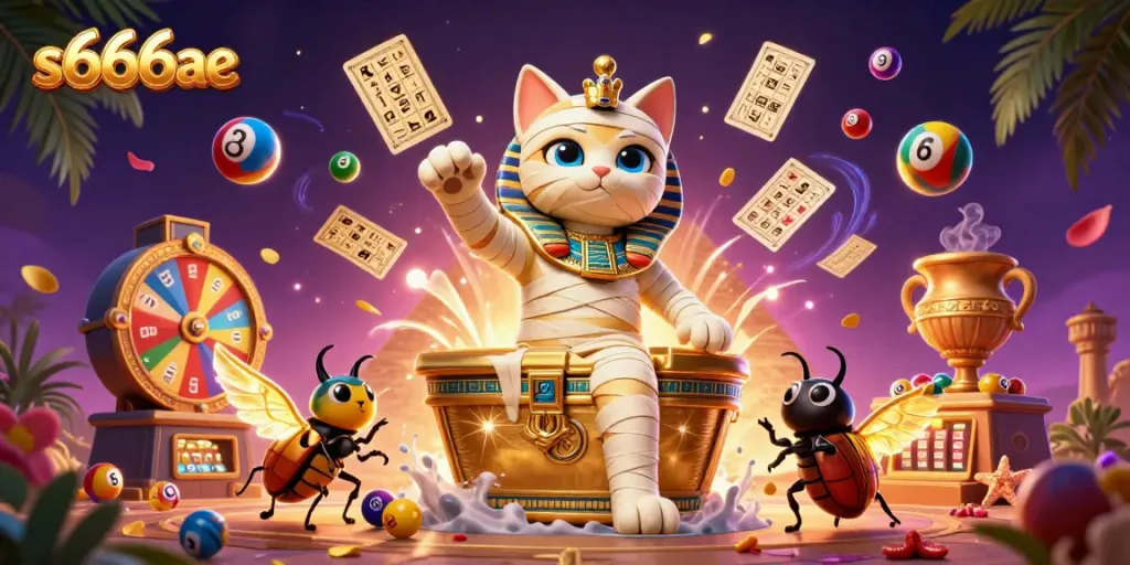 S666AE immerses players in vibrant lottery excitement with dynamic characters and casino elements.