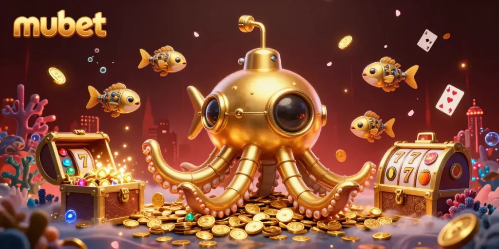 Engage in exhilarating gameplay at mubet, spotlighting golden kraken submarine in a treasure-filled underwater world.