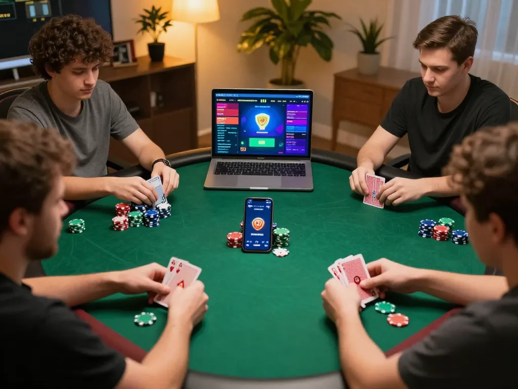 Engaged players strategizing in an online poker game at 8kbet16 in a cozy home setting.