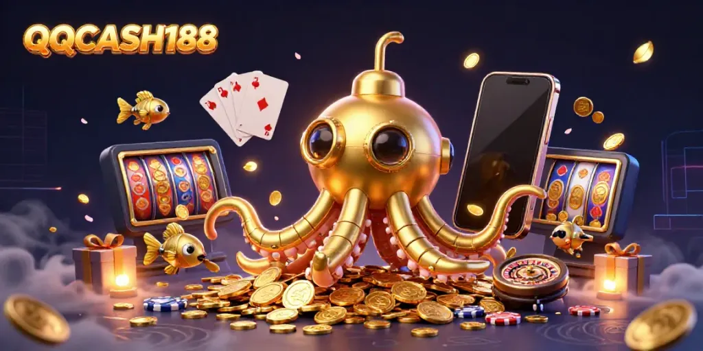 Experience the thrill of QQCASH188 with this vibrant, immersive casino-themed 3D illustration.