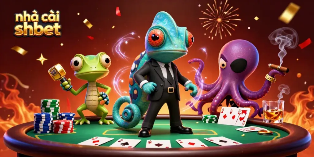 Experience thrilling poker action with nhà cái shbet's vibrant casino illustration featuring colorful characters and game elements.
