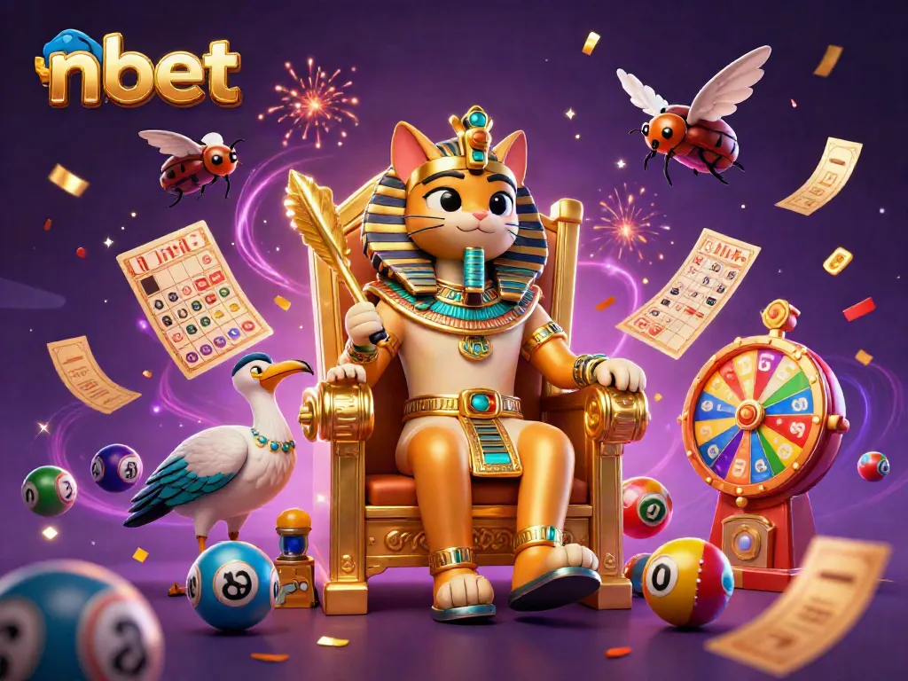 Engage with exciting games on nbet, visualizing a colorful 3D illustration of lottery dynamics and casino elements.