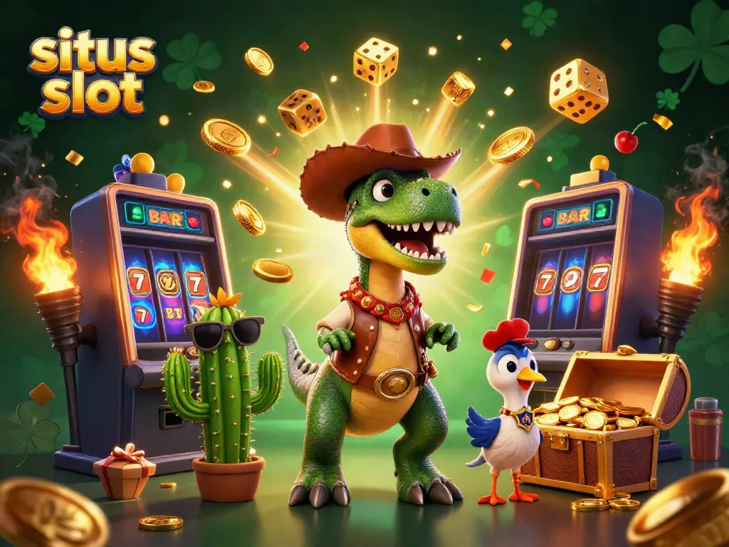 Experience the thrill of situs slot with a vibrant 3D illustration featuring a cowboy dinosaur and jackpot symbols.