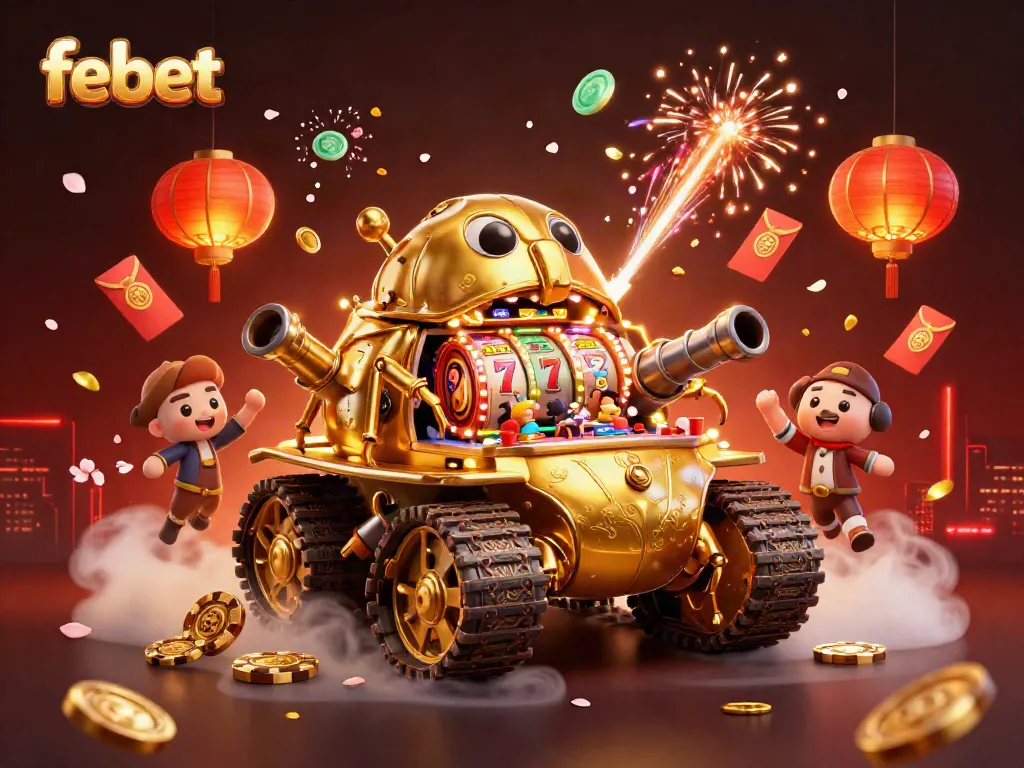 Experience excitement with febet's 3D casino tank bursting with gold and gaming symbols.