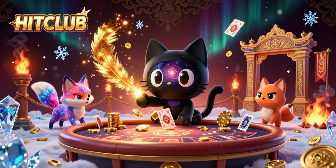 HITCLUB showcases a cosmic casino with a black hole cat and colorful nebula fox amidst vibrant gaming elements.