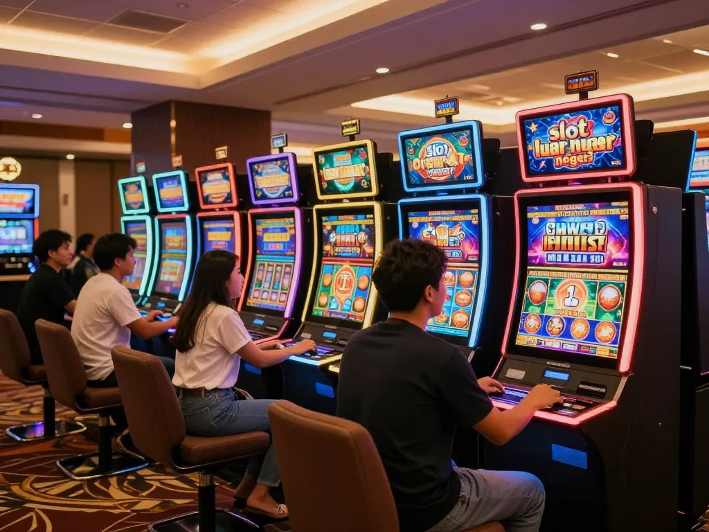 Enjoying thrilling gameplay at 'slot luar negeri' in a lively casino environment with vibrant machines.