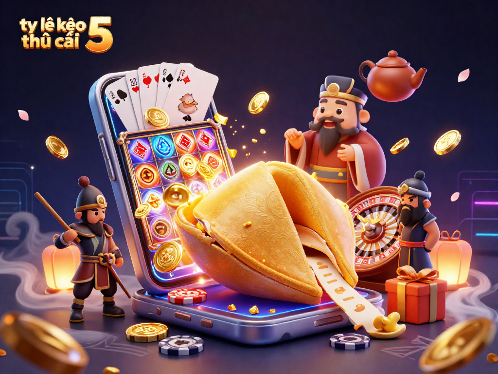 Engage with tỷ lệ kèo nhà cái 5 in a vibrant 3D casino scene featuring a golden cookie, wise dragon, and dynamic games.