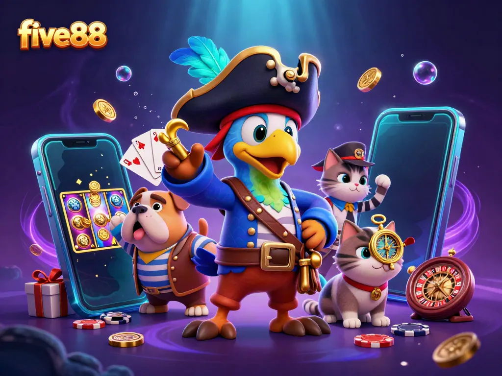 Experience thrilling games at five88 with colorful slot machines and friendly pirate characters
