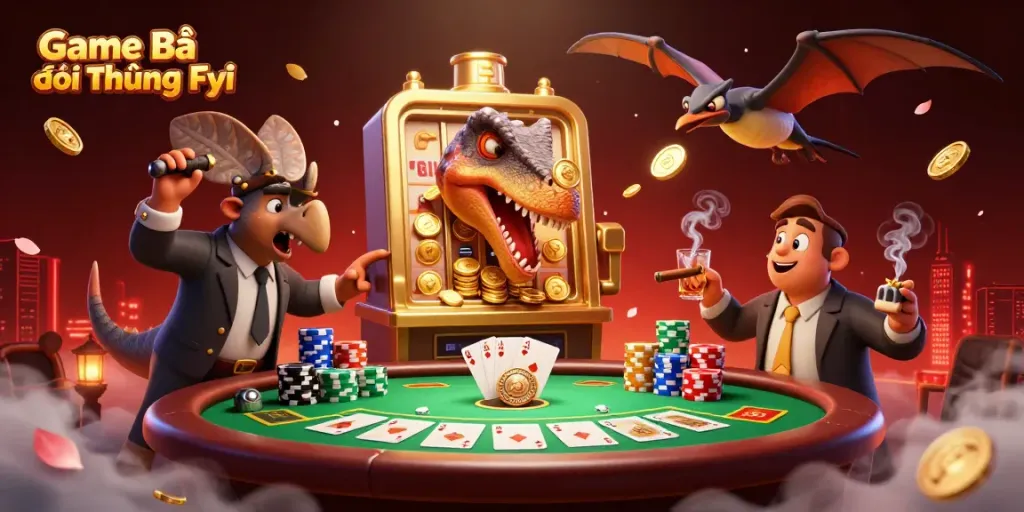 Game Bài Đổi Thưởng Fyi showcases a pachycephalosaurus hitting a golden slot machine for jackpots amid vibrant poker elements.
