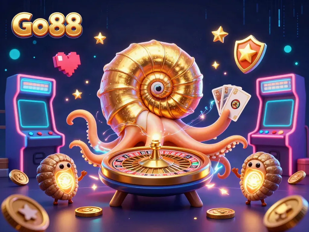 Experience exciting gaming with Go 88, featuring a giant nautilus roulette character in a vibrant casino scene.