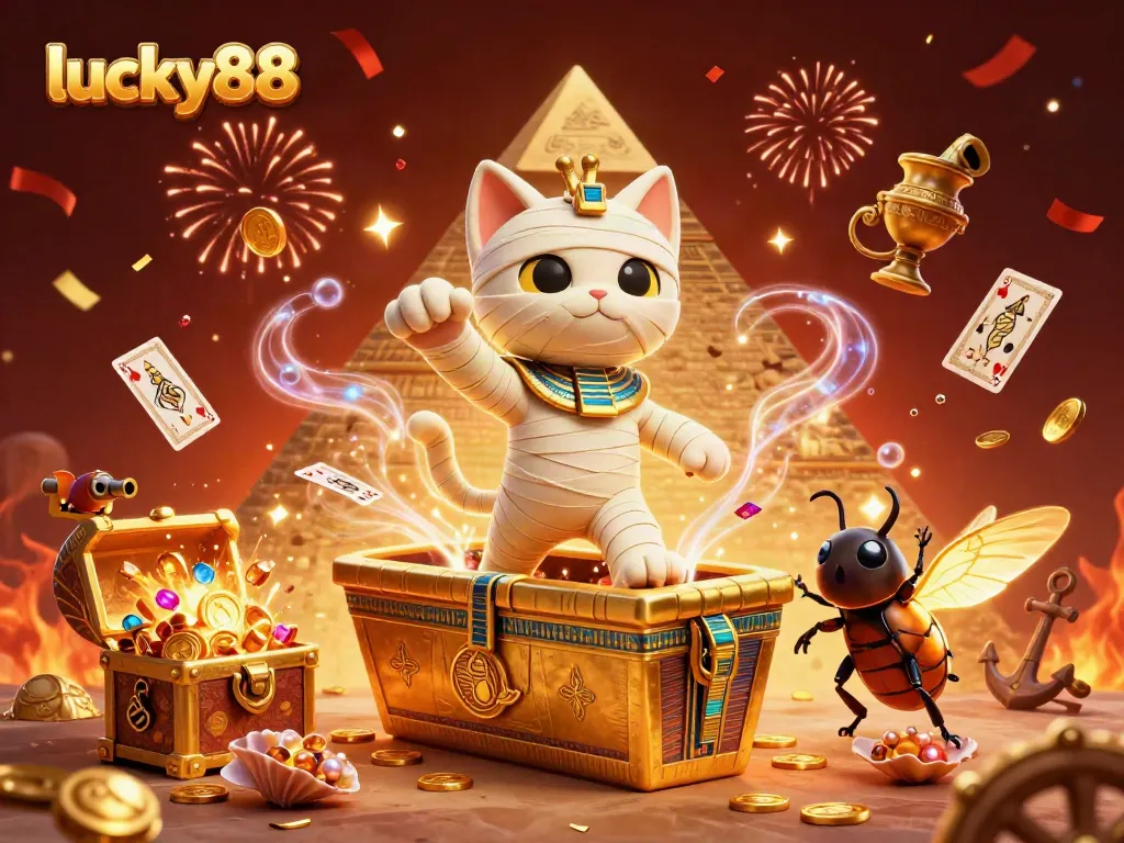Experience the thrill of lucky88 with a mummy cat and its scarab companion in a vibrant casino.