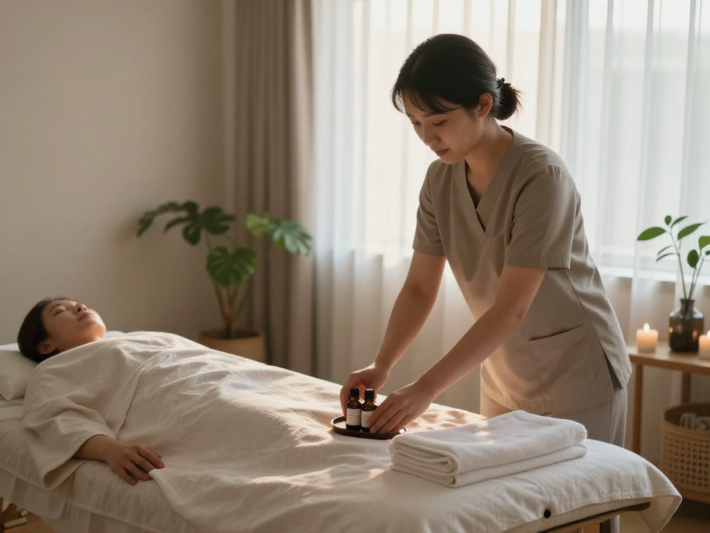 마포출장마사지 session in a serene home setting with relaxing atmosphere and professional therapist.