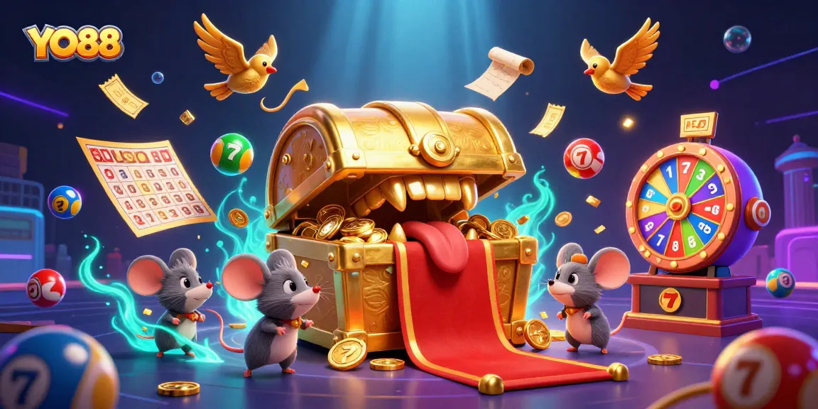 Experience thrilling gaming at YO88 with dynamic lotteries and exciting slot reels in this colorful illustration.