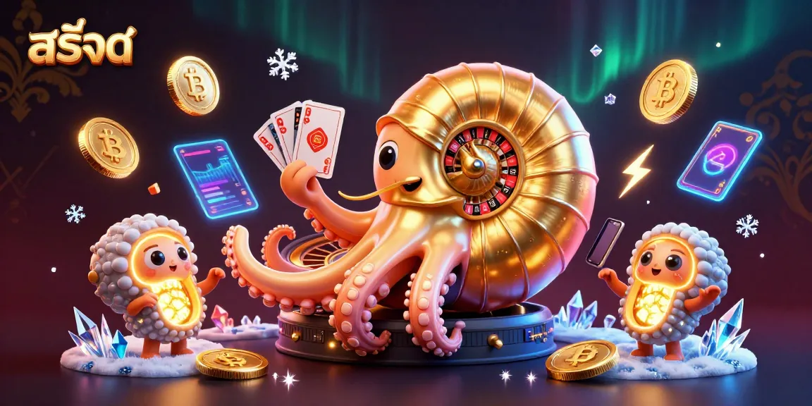 Experience exciting สล็อต gameplay with a 3D illustration of a nautilus roulette wheel amidst crypto coins and cards.