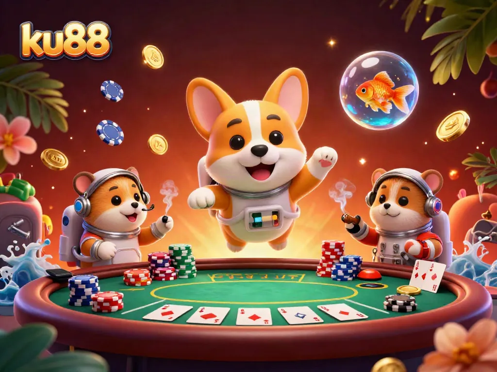 Experience the excitement of ku88 Casino with dynamic floating characters and casino elements.