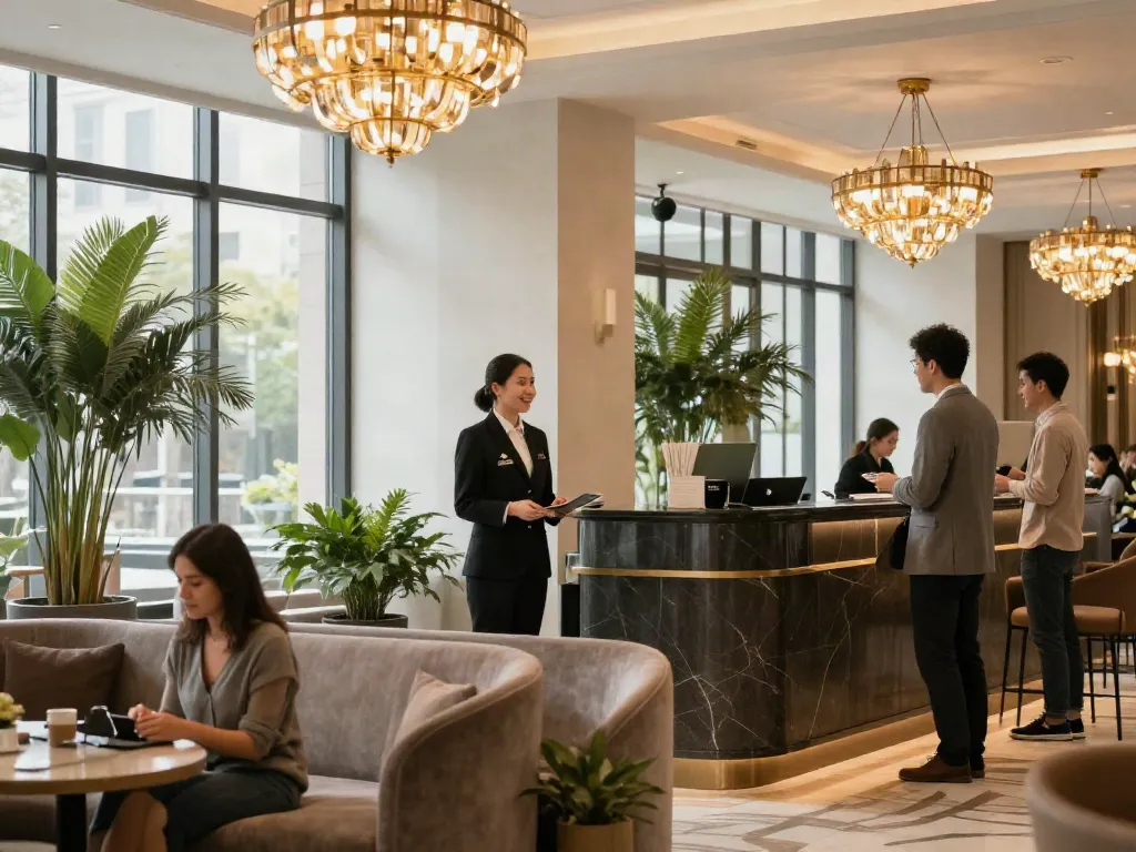 Welcoming lobby at ROKOK88 hotel, highlighting hospitality, comfort, and elegance.