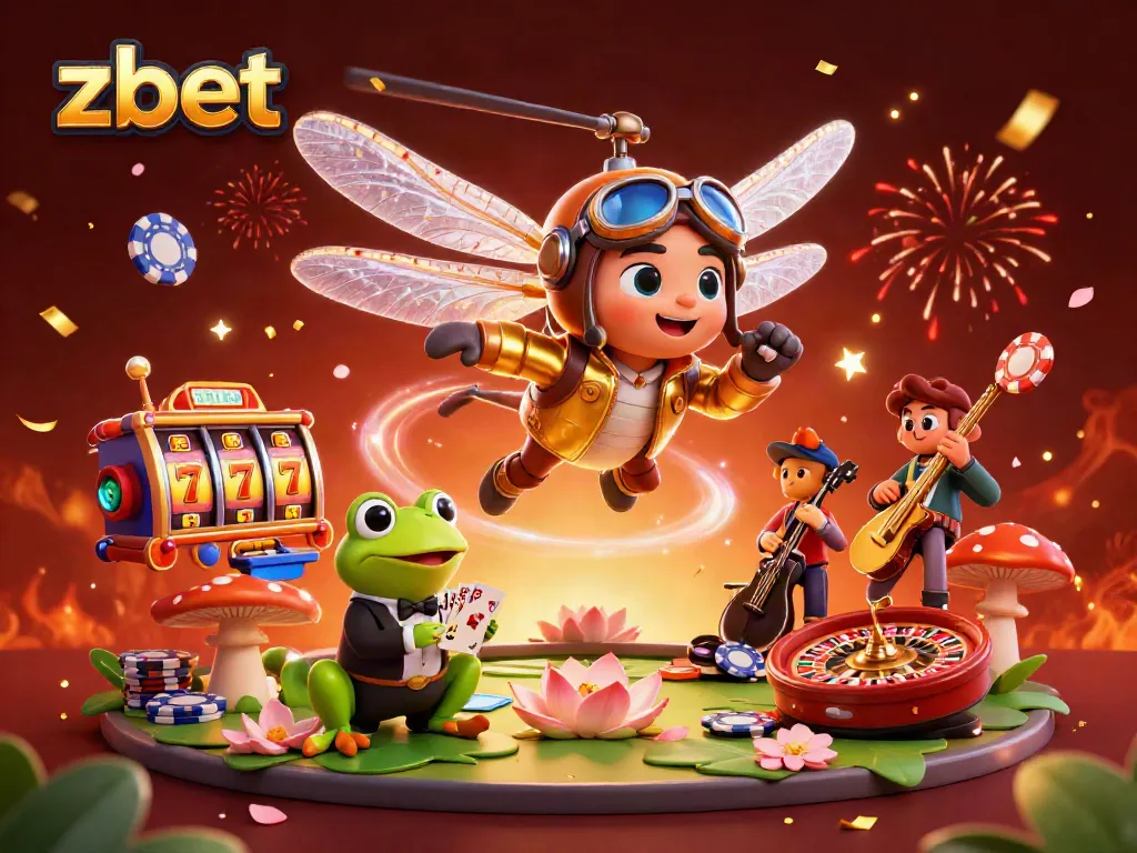 Engage with zbet's vibrant casino world featuring a dragonfly pilot, frog croupier, and jazzy cricket musicians.