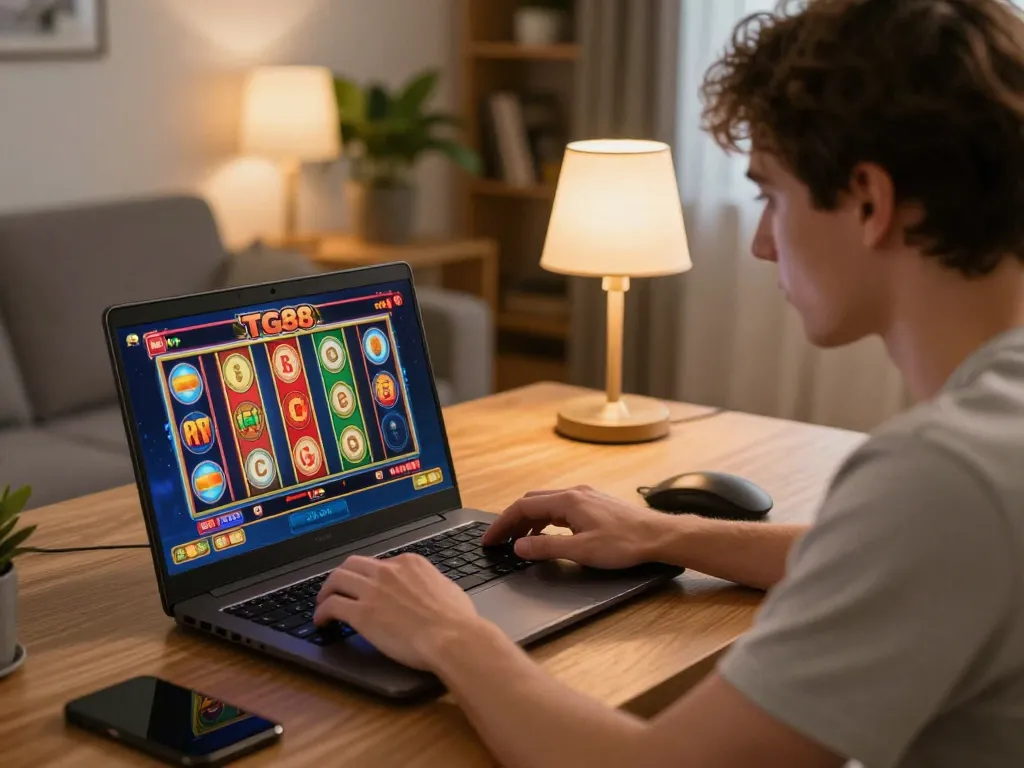 TG 88 player enjoying vibrant online slot games at home with focused concentration