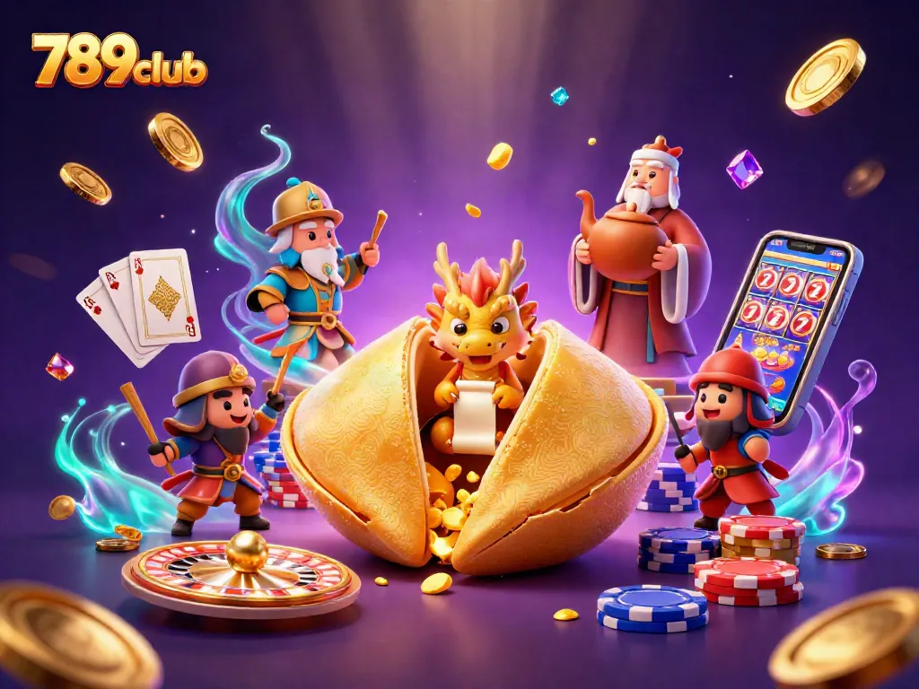 Play dice and win at 789club, featuring a 3D dragon and golden treasures in a colorful casino scene.