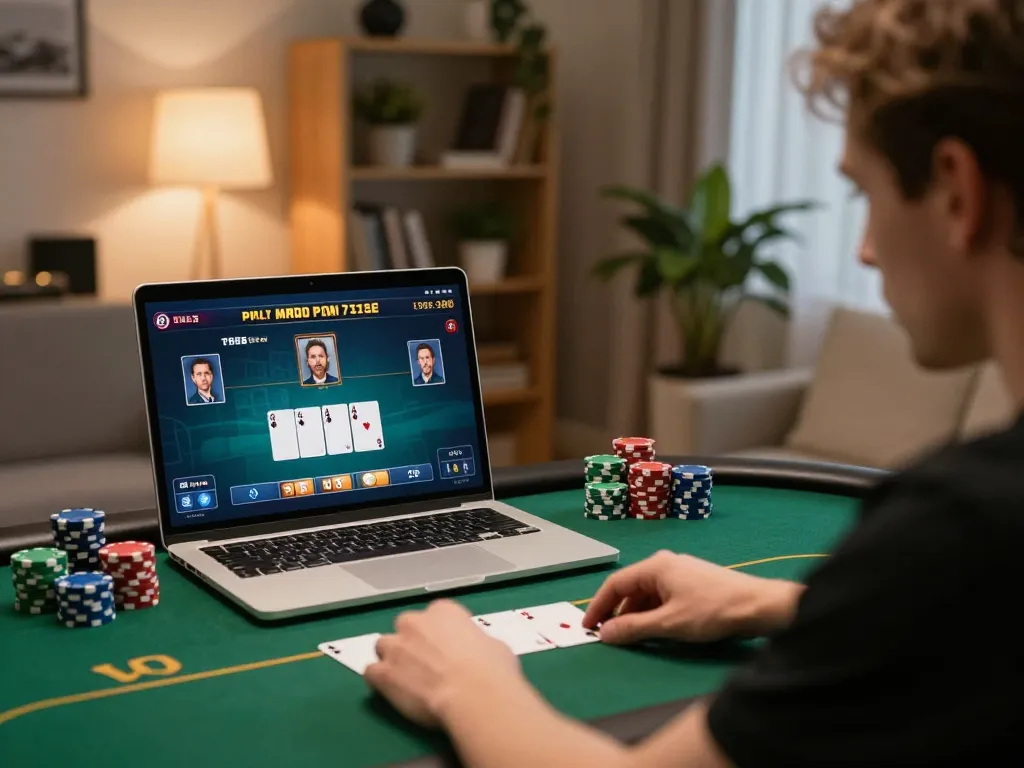 Player strategizes while enjoying poker at 8kbet online casino, showcasing a modern gaming setup.