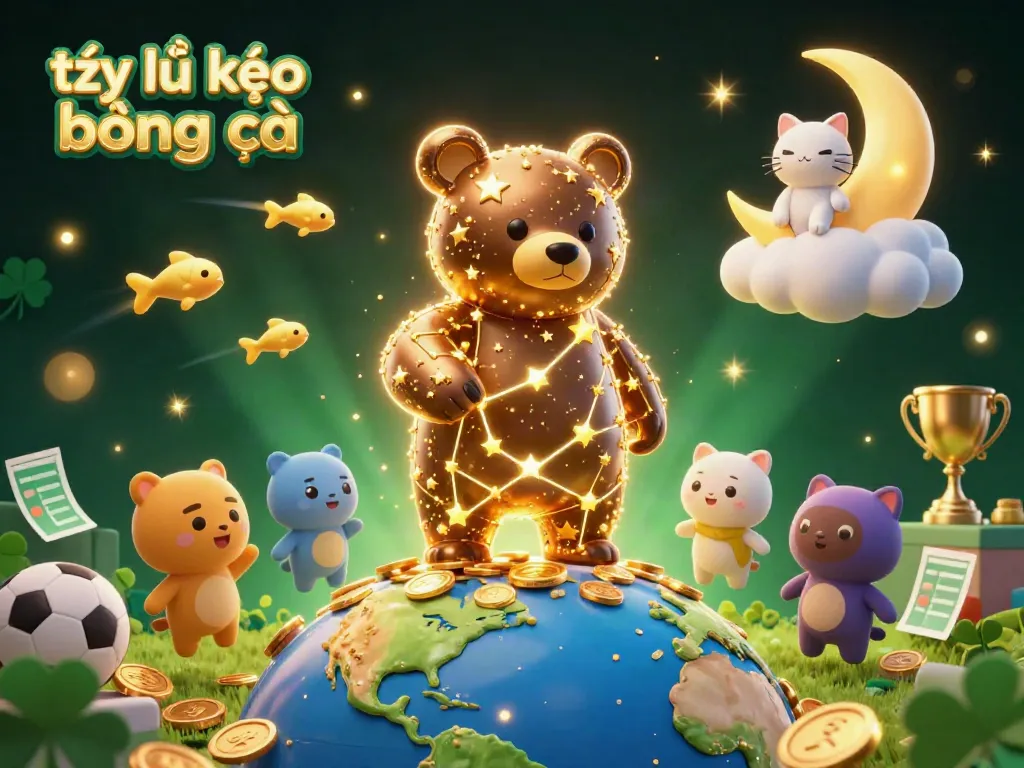 Engage with tỷ lệ kèo bóng đá through a dynamic 3D illustration featuring a constellation bear and sports elements.