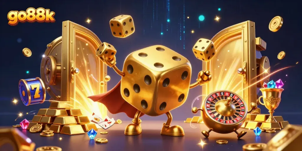 Experience thrilling wins at go88k with a joyous golden dice golem surrounded by grand casino treasures.