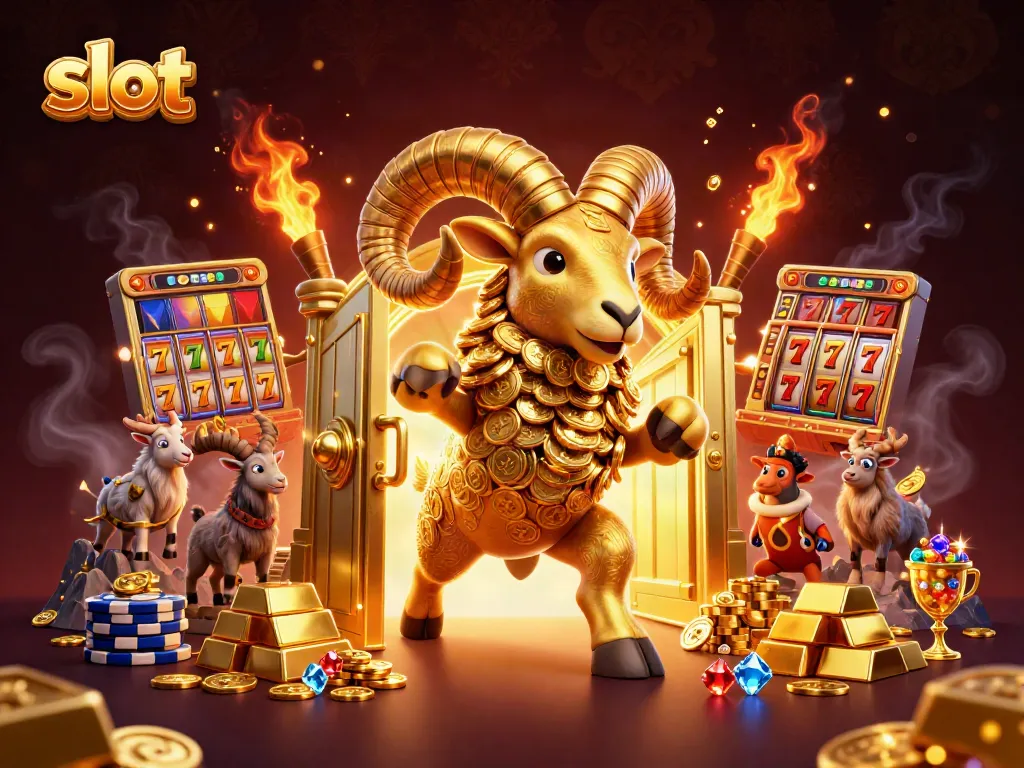 Engage with slot machines and casino vibes featuring a golden ram charging through a vault of treasures.