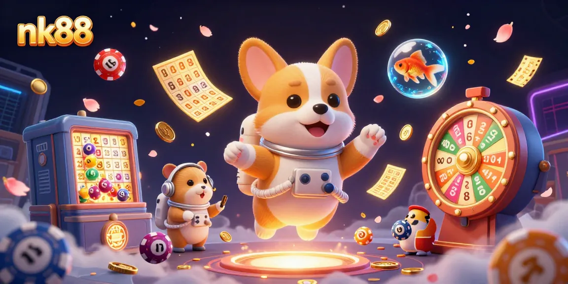 Play with nk88's floating corgi astronaut in a vibrant space casino filled with thrilling game elements.