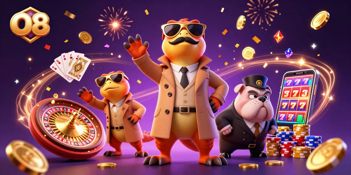 Experience O8's VIP casino lounge with whimsical raptors and dazzling game elements.