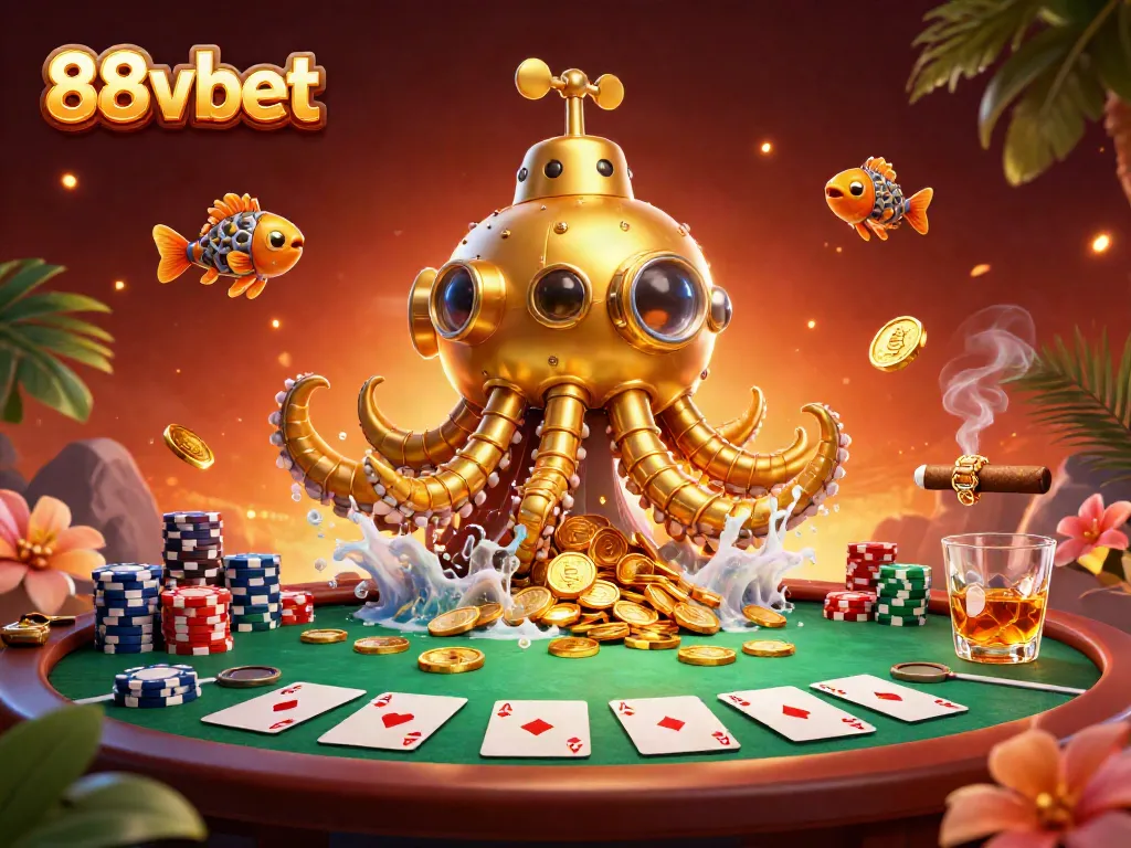 Join the thrilling world of 88vbet with a whimsical golden kraken and poker scene.
