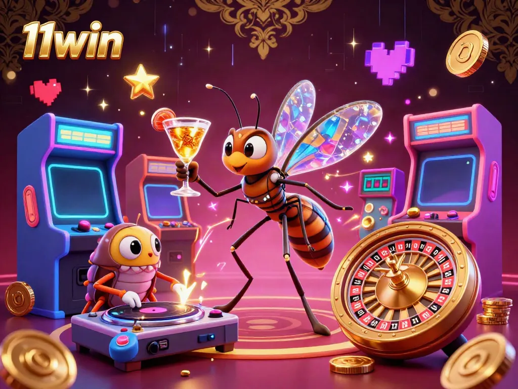 Experience vibrant gaming excitement at 11win with a unique mascot and fossil DJ illustration.