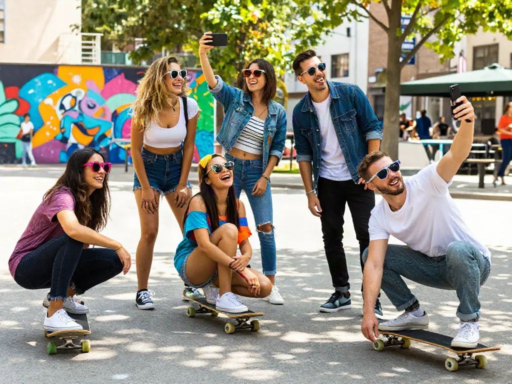 Friends wearing trendy óculos de sol enjoying a sunny urban day.