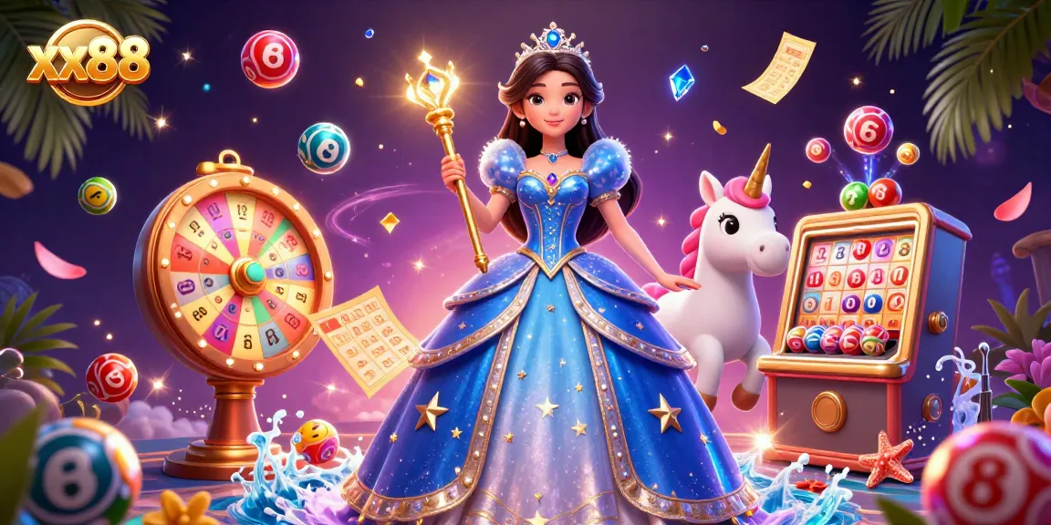 xx88 casino scene with a glamorous woman and unicorn amidst vibrant lottery elements.