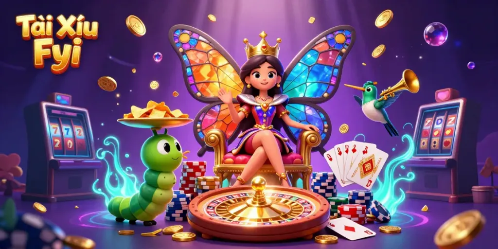 Experience Tài Xỉu Fyi with cascading coins and vibrant casino elements in this dynamic illustration.