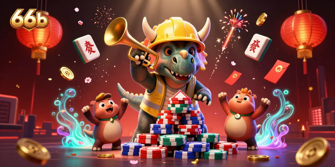Engage in winning strategies at 66b with a lively, colorful online casino illustration featuring a triceratops.