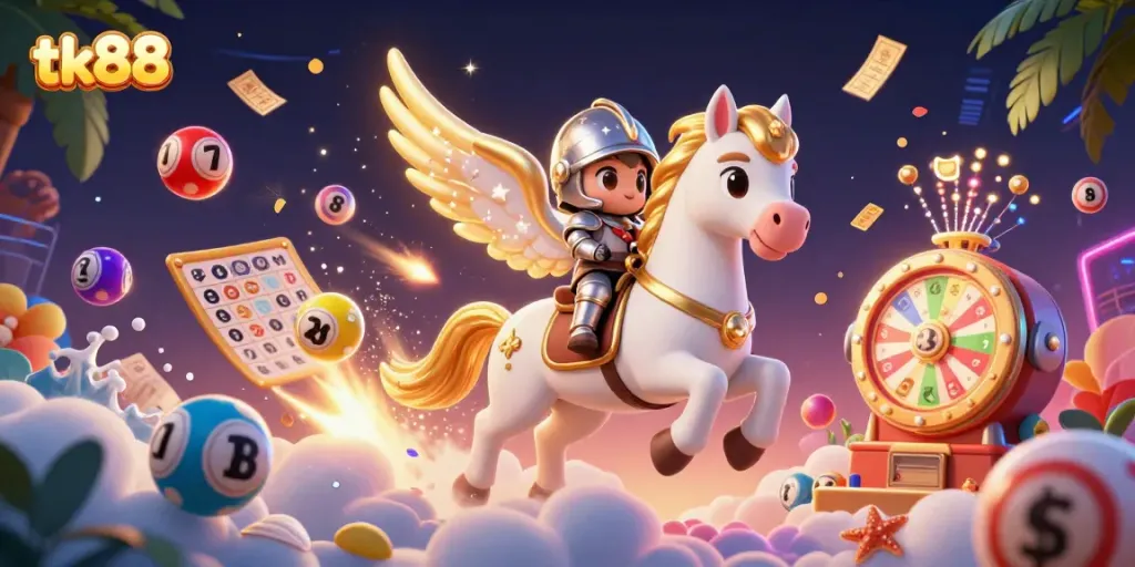 Engage with the vibrant gameplay of tk88, featuring a 3D celestial horse and knight, surrounded by dynamic lottery elements.