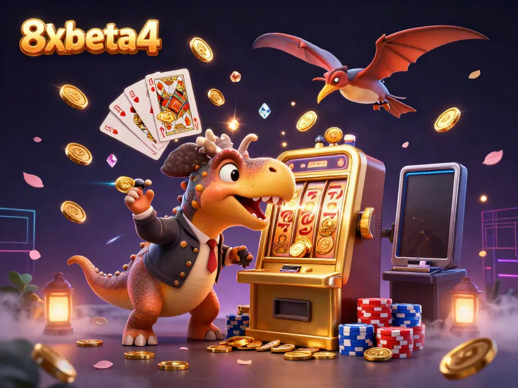 Experience the excitement of 8xbeta4 with a pachycephalosaurus celebrating a slot machine jackpot amidst flying coins and cards.