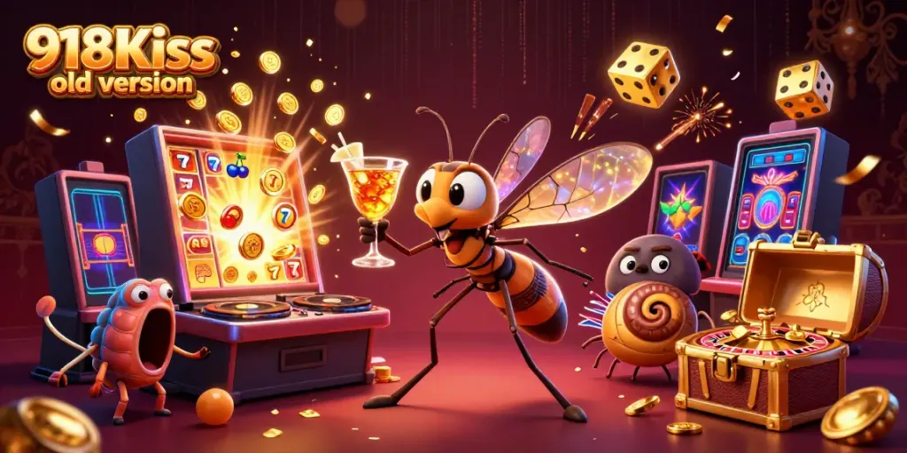 Engage with the 918Kiss old version casino experience featuring a lively illustration of slot games and characters.