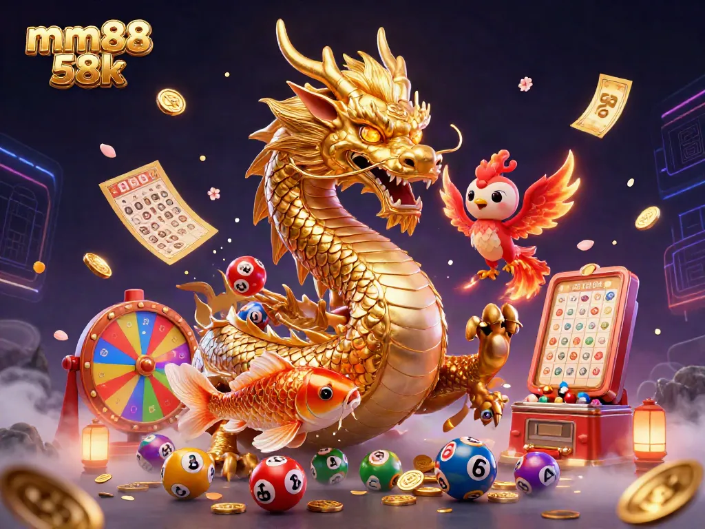 Experience the thrilling energy of mm88 58k with a vibrant illustration of a golden dragon, phoenix, and koi fish amidst dynamic gambling elements.
