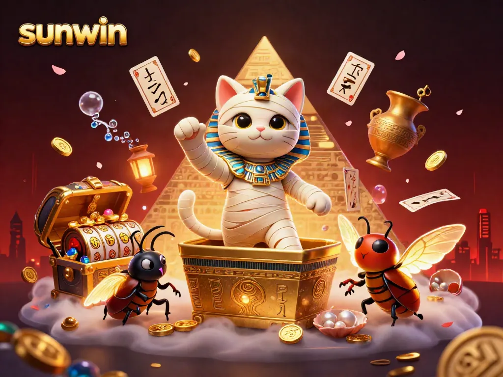 Experience winning thrills at Sunwin with a mummy cat and glowing scarab in a vibrant casino setting.