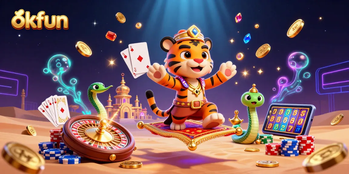 Play exciting games at okfun with a 3D Arabian Nights-themed scene filled with casino elements.
