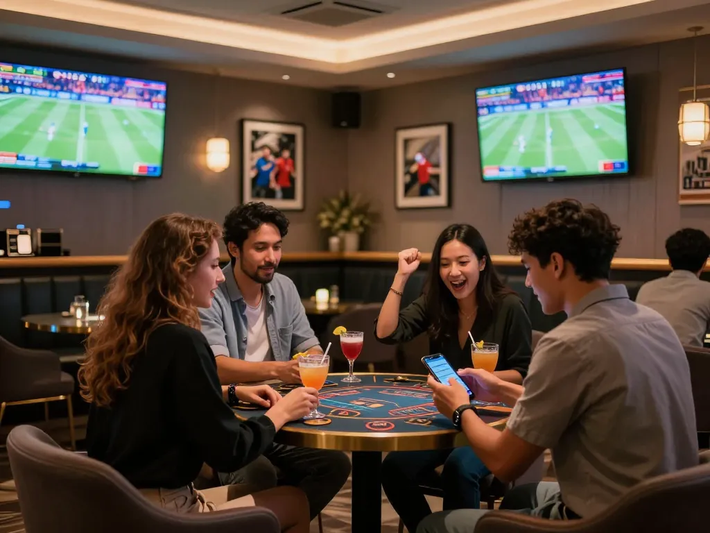 Friends cheering during live sports betting at Fabet in a lively casino sports bar.