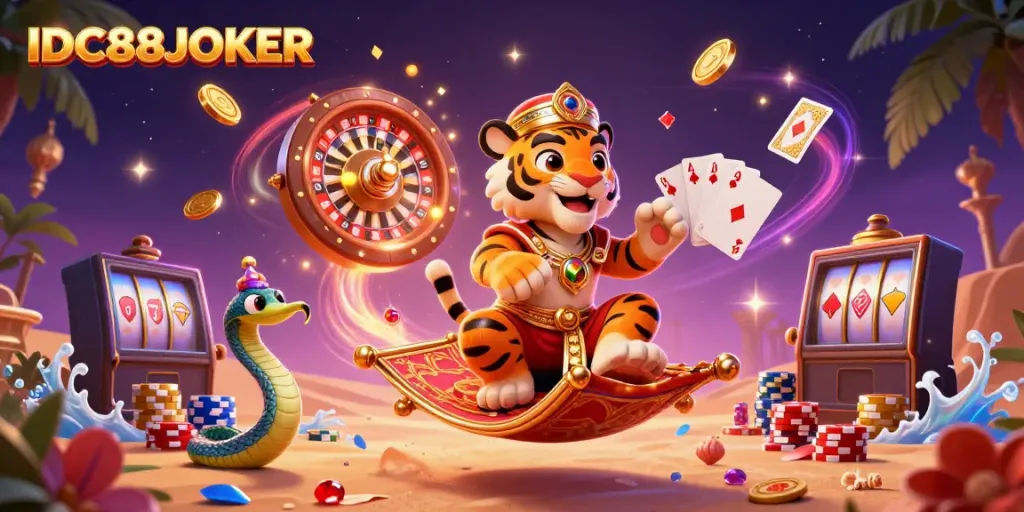 Experience excitement with IDC88JOKER as a vibrant casino scene comes to life amidst rich colors and sparkling elements.